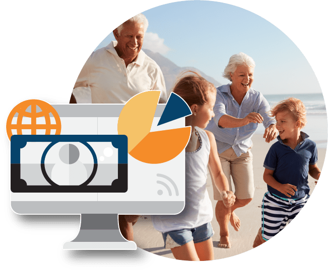 Family on the beach with computer icon